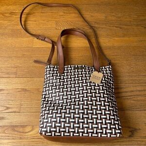 NEW Frye Multi Woven Print Crossbody Bag Purse Brown White Large Tote NWT